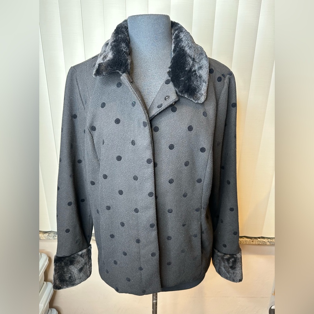 Isaac Mizrahi Live! Polka-Dot Short Wool Coat w/Faux Fur Trims Womens Size 14